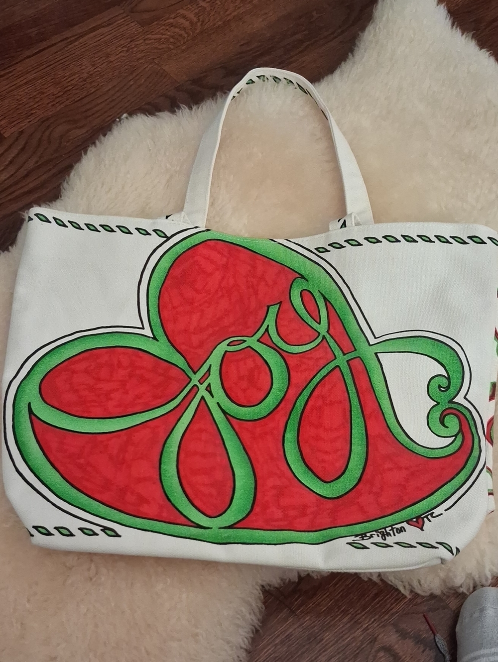 BIGHTON Joy Canvas Tote Bag in White with Red & Green Artwork